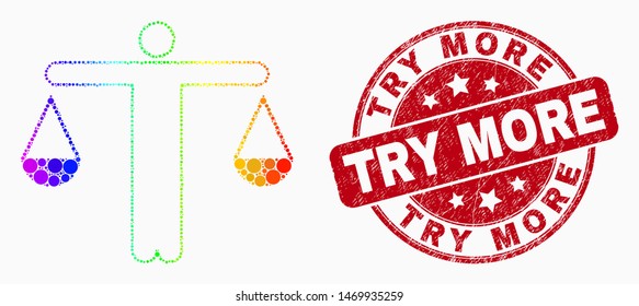 Dot spectral judge mosaic icon and Try More stamp. Red vector round grunge seal stamp with Try More caption. Vector collage in flat style. Spectral gradient judge illustration of scattered spheres,