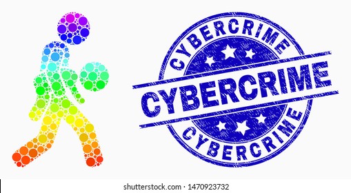 Dot spectral kidnapper mosaic icon and Cybercrime seal stamp. Blue vector round scratched stamp with Cybercrime caption. Vector composition in flat style.