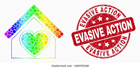 Dot spectral love house mosaic pictogram and Evasive Action seal stamp. Red vector round grunge seal with Evasive Action caption. Vector collage in flat style.