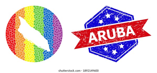 Dot spectral map of Aruba Island collage created with circle and stencil, and grunge badge. LGBTQ spectrum colored dots around empty map of Aruba Island. Bicolor stamp print uses red and blue colors,