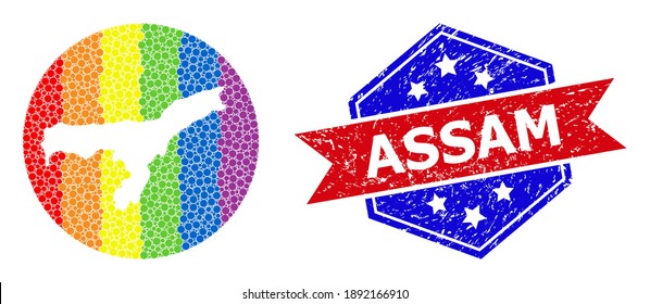 Dot spectral map of Assam State collage created with circle and hole, and textured seal stamp. LGBT spectrum colored pixels around empty map of Assam State.