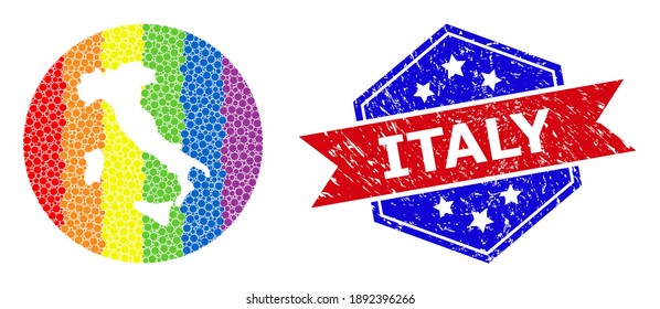 Dot spectral map of Italy collage created with circle and subtracted space, and scratched stamp. LGBT spectrum colored dots around empty map of Italy. Bicolor stamp uses red and blue colors,