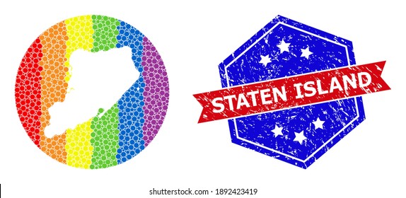 Dot spectral map of Staten Island mosaic composed with circle and stencil, and distress stamp. LGBT spectrum colored dots around empty map of Staten Island.