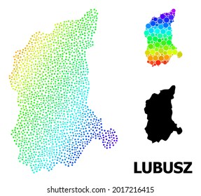 Dot spectral, and monochrome map of Lubusz Province, and black title. Vector model is created from map of Lubusz Province with spheres. Abstraction is useful for geographic posters.