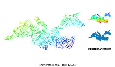 Dot espectral, y mapa monocromo del Mar Mediterráneo, y título negro. El modelo vectorial se crea a partir del mapa del Mar Mediterráneo con círculos. Collage es útil para anuncios geográficos.