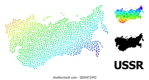 Dot spectral, and monochrome map of USSR, and black title. Vector structure is created from map of USSR with circles. Abstraction is useful for geographic posters. Spectral gradiented map of USSR,