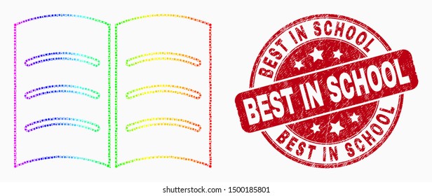 Dot spectral open book mosaic icon and Best in School stamp. Red vector rounded textured seal with Best in School phrase. Vector collage in flat style.