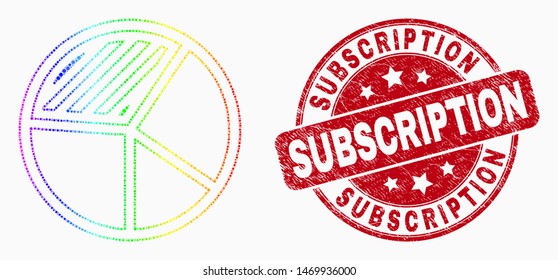 Dot spectral pie chart mosaic pictogram and Subscription seal stamp. Red vector rounded distress seal with Subscription phrase. Vector composition in flat style.
