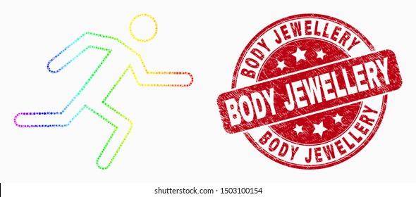 Dot spectral running man mosaic icon and Body Jewellery stamp. Red vector rounded textured seal stamp with Body Jewellery caption. Vector combination in flat style.