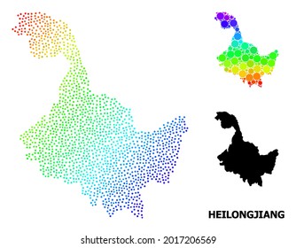 Dot spectral, and solid map of Heilongjiang Province, and black text. Vector model is created from map of Heilongjiang Province with spheres. Collage is useful for geographic templates.