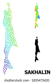 Dot spectral, and solid map of Sakhalin Island, and black name. Vector model is created from map of Sakhalin Island with circles. Collage is useful for political templates.
