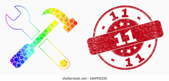 Dot spectral tools mosaic pictogram and 11 seal stamp. Red vector round scratched seal with 11 caption. Vector combination in flat style. Spectral gradient tools mosaic of randomised dots,