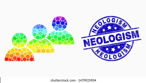 Dot spectral user cohort mosaic pictogram and Neologism watermark. Blue vector round grunge stamp with Neologism caption. Vector collage in flat style.