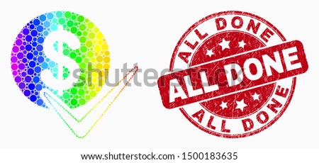 Dot spectral valid dollar coin mosaic icon and All Done seal stamp. Red vector rounded textured stamp with All Done caption. Vector composition in flat style.