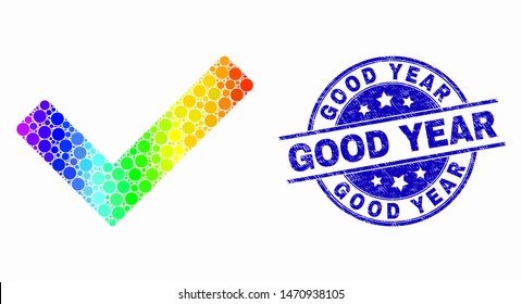 Dot spectral validated tick mosaic pictogram and Good Year stamp. Blue vector round distress seal stamp with Good Year caption. Vector combination in flat style.