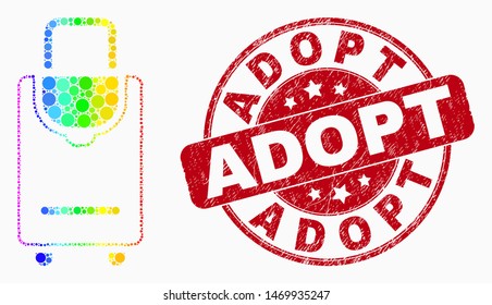 Dot spectral voyage luggage mosaic pictogram and Adopt seal stamp. Red vector rounded textured seal with Adopt message. Vector combination in flat style.