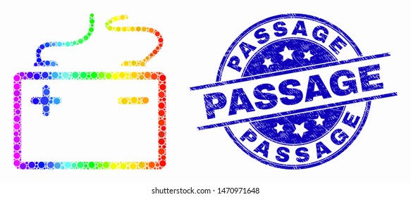 Dot spectrum accumulator battery mosaic pictogram and Passage seal stamp. Blue vector rounded textured seal stamp with Passage message. Vector combination in flat style.