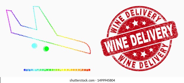 Dot spectrum airplane landing mosaic icon and Wine Delivery stamp. Red vector round textured stamp with Wine Delivery title. Vector combination in flat style.