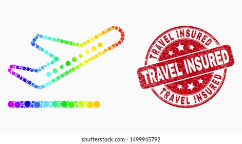 Dot spectrum airplane takeoff mosaic icon and Travel Insured stamp. Red vector rounded grunge stamp with Travel Insured text. Vector combination in flat style.