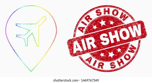 Dot spectrum airport map marker mosaic icon and "Air Show" seal. Red vector rounded distress stamp with "Air Show" phrase. Vector combination in flat style.