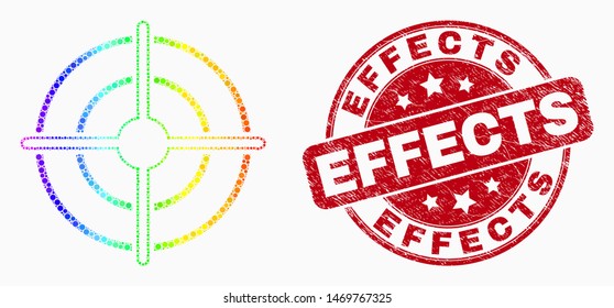 Dot spectrum bullseye mosaic pictogram and "Effects" stamp. Red vector round textured seal with "Effects" caption. Vector composition in flat style. Spectrum gradiented bullseye mosaic of scattered dots,