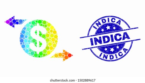 Dot spectrum dollar exchange arrows mosaic pictogram and Indica seal. Blue vector rounded grunge seal with Indica phrase. Vector collage in flat style.