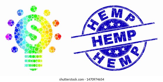 Dot spectrum dollar light bulb mosaic pictogram and Hemp seal stamp. Blue vector round grunge seal stamp with Hemp phrase. Vector collage in flat style.