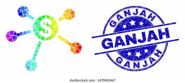 Dot spectrum dollar links mosaic icon and Ganjah seal stamp. Blue vector round grunge seal stamp with Ganjah caption. Vector combination in flat style.