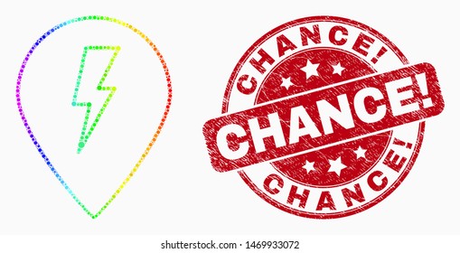 Dot spectrum electric map marker mosaic icon and Chance! seal stamp. Red vector round textured stamp with Chance! caption. Vector combination in flat style.