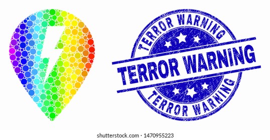 Dot spectrum electric map marker mosaic pictogram and Terror Warning seal. Blue vector round textured seal with Terror Warning message. Vector collage in flat style.