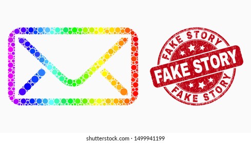 Dot spectrum envelope mosaic icon and Fake Story seal stamp. Red vector rounded distress seal with Fake Story phrase. Vector combination in flat style.