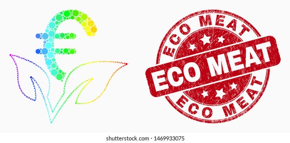 Dot spectrum euro startup sprout mosaic icon and Eco Meat stamp. Red vector rounded textured seal stamp with Eco Meat title. Vector collage in flat style.