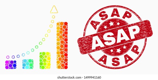 Dot spectrum fast growing trend mosaic pictogram and Asap seal. Red vector rounded scratched seal with Asap phrase. Vector composition in flat style.