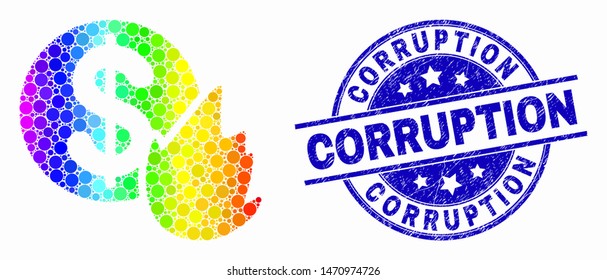 Dot spectrum fired money mosaic icon and Corruption seal. Blue vector round distress seal stamp with Corruption message. Vector collage in flat style.