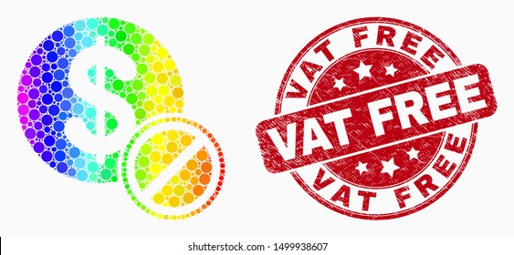 El espectro de puntos prohíbe el icono de mosaico en dólares y el sello Vat Free. Sello rojo vectorial redondo con mensaje Vat Free. Collaje vectorial en estilo plano.