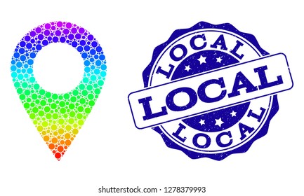 Dot spectrum local place and blue grunge round stamp seal. Vector geographic map in bright spectrum gradient colors on a white background.