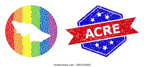 Dot spectrum map of Acre State mosaic designed with circle and carved shape, and distress seal. LGBT spectrum colored pixels around empty map of Acre State.