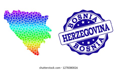 Dot spectrum map of Bosnia and Herzegovina and blue grunge round stamp seal. Vector geographic map in bright spectrum gradient colors on a white background.