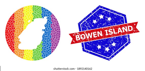 Dot spectrum map of Bowen Island collage designed with circle and hole, and scratched watermark. LGBT spectrum colored dots around empty map of Bowen Island.