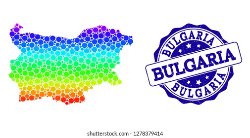 Dot spectrum map of Bulgaria and blue grunge round stamp seal. Vector geographic map in bright spectrum gradient colors on a white background.