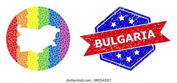 Dot spectrum map of Bulgaria mosaic composed with circle and subtracted shape, and distress seal stamp. LGBT spectrum colored pixels around empty map of Bulgaria.