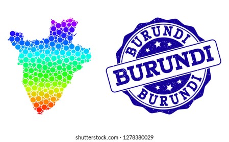 Dot spectrum map of Burundi and blue grunge round stamp seal. Vector geographic map in bright spectrum gradient colors on a white background.