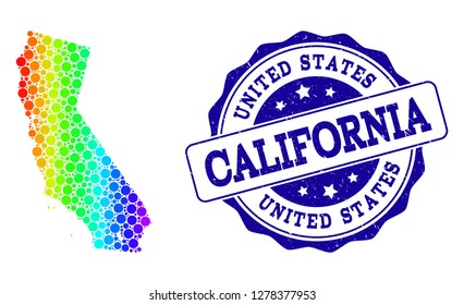 Dot spectrum map of California and blue grunge round stamp seal. Vector geographic map in bright rainbow gradient colors on a white background.
