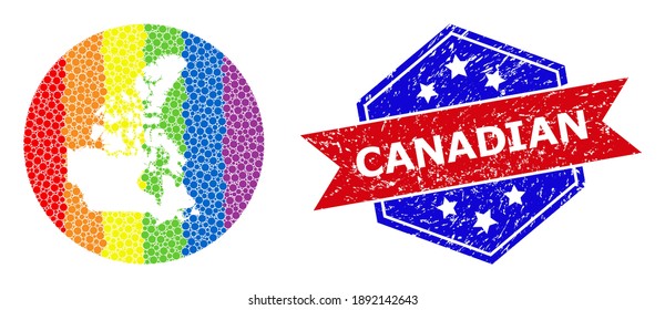 Dot spectrum map of Canada collage composed with circle and hole, and textured seal stamp. LGBT spectrum colored pixels around empty map of Canada. Bicolor stamp uses red and blue colors,