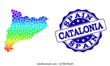 Dot spectrum map of Catalonia and blue grunge round stamp seal. Vector geographic map in bright spectrum gradient colors on a white background.