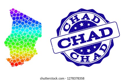 Dot spectrum map of Chad and blue grunge round stamp seal. Vector geographic map in bright spectrum gradient colors on a white background. Color vector concept of map of Chad composed of round dots.