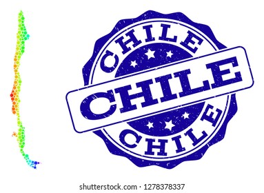 Dot spectrum map of Chile and blue grunge round stamp seal. Vector geographic map in bright spectrum gradient colors on a white background.