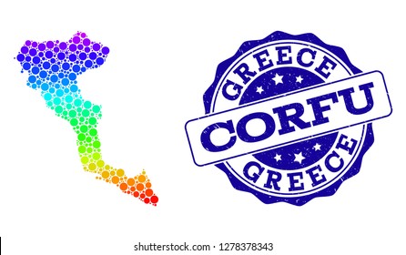 Dot spectrum map of Corfu Island and blue grunge round stamp seal. Vector geographic map in bright spectrum gradient colors on a white background.