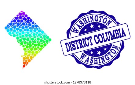 Dot spectrum map of District Columbia and blue grunge round stamp seal. Vector geographic map in bright spectrum gradient colors on a white background.
