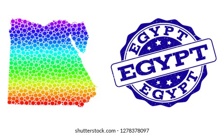 Dot spectrum map of Egypt and blue grunge round stamp seal. Vector geographic map in bright spectrum gradient colors on a white background.